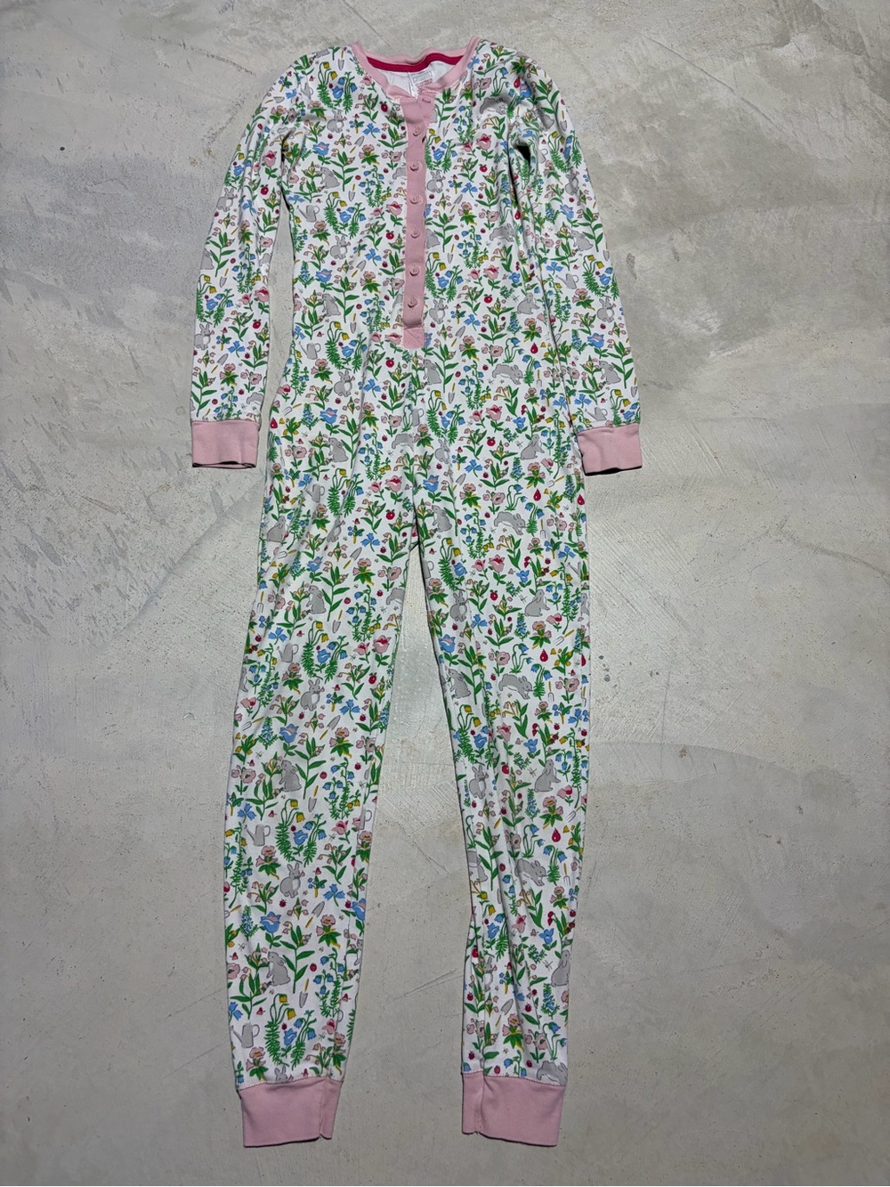 Mini Boden Kids girls Floral Forest One-Piece Pajamas with Pink Trim 12Y
